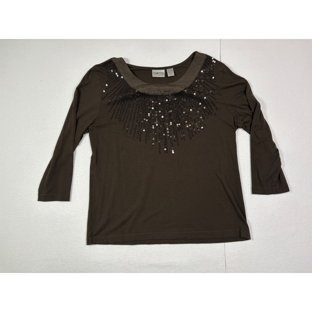 Chicos Brown Sequin Fringe Scoop Neck 3/4 Sleeve Knit Top Womens Size 2 Large